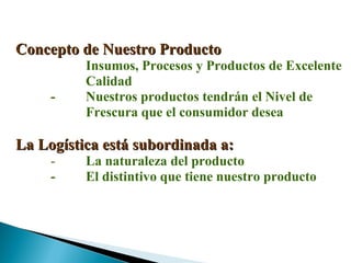 Concepto de Nuestro ProductoConcepto de Nuestro Producto
- Insumos, Procesos y Productos de Excelente
Calidad
- Nuestros productos tendrán el Nivel de
Frescura que el consumidor desea
La Logística está subordinada a:La Logística está subordinada a:
- La naturaleza del producto
- El distintivo que tiene nuestro producto
 