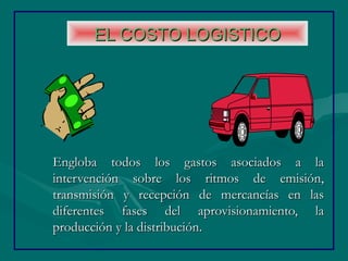 EL COSTO LOGISTICOEL COSTO LOGISTICO
Engloba todos los gastos asociados a laEngloba todos los gastos asociados a la
intervención sobre los ritmos de emisión,intervención sobre los ritmos de emisión,
transmisión y recepción de mercancías en lastransmisión y recepción de mercancías en las
diferentes fases del aprovisionamiento, ladiferentes fases del aprovisionamiento, la
producción y la distribución.producción y la distribución.
 