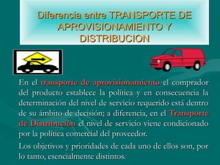Diferencia entre TRANSPORTE DEDiferencia entre TRANSPORTE DE
APROVISIONAMIENTO YAPROVISIONAMIENTO Y
DISTRIBUCIONDISTRIBUCION
En elEn el transporte de aprovisionamientotransporte de aprovisionamiento el compradorel comprador
del producto establece la política y en consecuencia ladel producto establece la política y en consecuencia la
determinación del nivel de servicio requerido está dentrodeterminación del nivel de servicio requerido está dentro
de su ámbito de decisión; a diferencia, en elde su ámbito de decisión; a diferencia, en el TransporteTransporte
de Distribuciónde Distribución el nivel de servicio viene condicionadoel nivel de servicio viene condicionado
por la política comercial del proveedor.por la política comercial del proveedor.
Los objetivos y prioridades de cada uno de ellos son, porLos objetivos y prioridades de cada uno de ellos son, por
lo tanto, esencialmente distintos.lo tanto, esencialmente distintos.
 