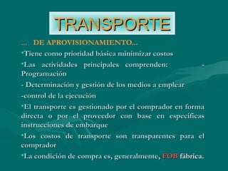TRANSPORTETRANSPORTE
… DE APROVISIONAMIENTO...
•Tiene como prioridad básica minimizar costosTiene como prioridad básica minimizar costos
•Las actividades principales comprenden:Las actividades principales comprenden: --
ProgramaciónProgramación
- Determinación y gestión de los medios a emplear- Determinación y gestión de los medios a emplear
-control de la ejecución-control de la ejecución
•El transporte es gestionado por el comprador en formaEl transporte es gestionado por el comprador en forma
directa o por el proveedor con base en especificasdirecta o por el proveedor con base en especificas
instrucciones de embarqueinstrucciones de embarque
•Los costos de transporte son transparentes para elLos costos de transporte son transparentes para el
compradorcomprador
•La condición de compra es, generalmenteLa condición de compra es, generalmente,, FOBFOB fábrica.fábrica.
 