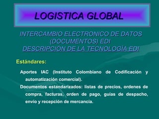 Estándares:Estándares:
INTERCAMBIO ELECTRONICO DE DATOSINTERCAMBIO ELECTRONICO DE DATOS
(DOCUMENTOS) EDI(DOCUMENTOS) EDI
DESCRIPCIÓN DE LA TECNOLOGÍA EDIDESCRIPCIÓN DE LA TECNOLOGÍA EDI
Aportes IAC (Instituto Colombiano de Codificación y
automatización comercial).
Documentos estandarizados: listas de precios, ordenes de
compra, facturas, orden de pago, guías de despacho,
envío y recepción de mercancía.
LOGISTICA GLOBALLOGISTICA GLOBAL
 