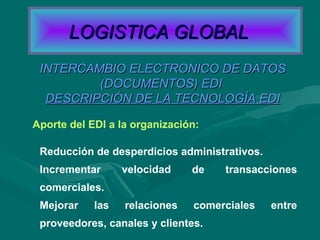 Aporte del EDI a la organización:
INTERCAMBIO ELECTRONICO DE DATOSINTERCAMBIO ELECTRONICO DE DATOS
(DOCUMENTOS) EDI(DOCUMENTOS) EDI
DESCRIPCIÓN DE LA TECNOLOGÍA EDIDESCRIPCIÓN DE LA TECNOLOGÍA EDI
Reducción de desperdicios administrativos.
Incrementar velocidad de transacciones
comerciales.
Mejorar las relaciones comerciales entre
proveedores, canales y clientes.
LOGISTICA GLOBALLOGISTICA GLOBAL
 