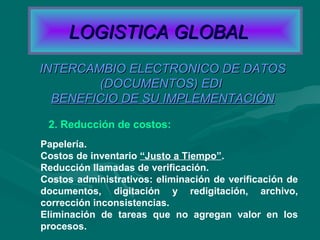 2. Reducción de costos:
INTERCAMBIO ELECTRONICO DE DATOSINTERCAMBIO ELECTRONICO DE DATOS
(DOCUMENTOS) EDI(DOCUMENTOS) EDI
BENEFICIO DE SU IMPLEMENTACIÓNBENEFICIO DE SU IMPLEMENTACIÓN
Papelería.
Costos de inventario “Justo a Tiempo”.
Reducción llamadas de verificación.
Costos administrativos: eliminación de verificación de
documentos, digitación y redigitación, archivo,
corrección inconsistencias.
Eliminación de tareas que no agregan valor en los
procesos.
LOGISTICA GLOBALLOGISTICA GLOBAL
 