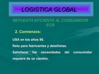 2. Comienzos:
USA en los años 90.
Reto para fabricantes y detallistas.
Satisfacer las necesidades del consumidor
requiere de un cambio.
REPUESTA EFICIENTE AL CONSUMIDORREPUESTA EFICIENTE AL CONSUMIDOR
ECRECR
LOGISTICA GLOBALLOGISTICA GLOBAL
 