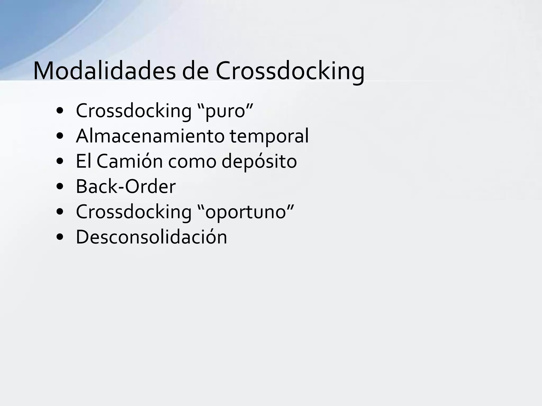 Almacenamiento temporalAlmacenamiento temporalLa mercadería recibida se almacena por corto plazo hasta ser luego cargada al camión previa clasificación.RequisitosAdvancesShipmentNotice (ASN)WMS en tiempo realÁrea de almacenamiento temporalTiempo razonablemente corto entre ingreso y egresoEjemplosSe adapta a gran variedad de situacionesNo requiere una coordinación tan precisa de ingresos y egresos pero si una adecuada gestión del área