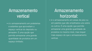 Armazenamento
vertical
é o armazenamento em prateleiras
e estantes que aproveitam o
espaço vertical do depósito ou
armazém. É uma opção que
permite armazenar uma grande
quantidade de produtos em um
espaço limitado.
Armazenamento
horizontal:
é o armazenamento em áreas de piso ou
em paletes que são empilhados uns sobre
os outros. É uma opção que permite
armazenar uma grande quantidade de
produtos no mesmo nível, mas requer
mais espaço do que o armazenamento
vertical.
 