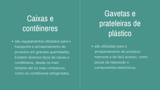 Caixas e
contêineres
são equipamentos utilizados para o
transporte e armazenamento de
produtos em grandes quantidades.
Existem diversos tipos de caixas e
contêineres, desde os mais
simples até os mais complexos,
como os contêineres refrigerados.
Gavetas e
prateleiras de
plástico
são utilizadas para o
armazenamento de produtos
menores e de fácil acesso, como
peças de reposição e
componentes eletrônicos.
 