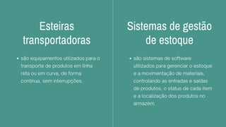 Esteiras
transportadoras
são equipamentos utilizados para o
transporte de produtos em linha
reta ou em curva, de forma
contínua, sem interrupções.
Sistemas de gestão
de estoque
são sistemas de software
utilizados para gerenciar o estoque
e a movimentação de materiais,
controlando as entradas e saídas
de produtos, o status de cada item
e a localização dos produtos no
armazém.
 