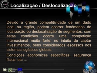Localização / DeslocalizaçãoDevido à grande competitividade de um dado local ou região, podem ocorrer fenómenos de localização ou deslocalização de segmentos, com estas condições ocorre uma competição internacional muito forte, no intuito de captar investimentos, bens considerados escassos nos sistemas logísticos globais.Condições económicas específicas, segurança física, etc.…