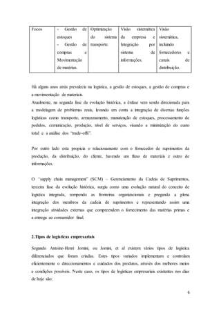6
Focos - Gestão de
estoques
- Gestão de
compras e
Movimentação
de matérias.
Optimização
do sistema
transporte.
Visão sistemática
da empresa e
Integração por
sistema de
informações.
Visão
sistemática,
incluindo
fornecedores e
canais de
distribuição.
Há alguns anos atrás prevalecia na logística, a gestão de estoques, a gestão de compras e
a movimentação de materiais.
Atualmente, na segunda fase da evolução histórica, a ênfase vem sendo direcionada para
a modelagem de problemas reais, levando em conta a integração de diversas funções
logísticas como transporte, armazenamento, manutenção de estoques, processamento de
pedidos, comunicação, produção, nível de serviços, visando a minimização do custo
total e a análise dos “trade-offs”.
Por outro lado esta propicia o relacionamento com o fornecedor de suprimentos da
produção, da distribuição, do cliente, havendo um fluxo de materiais e outro de
informações.
O “supply chain management” (SCM) – Gerenciamento da Cadeia de Suprimentos,
terceira fase da evolução histórica, surgiu como uma evolução natural do conceito de
logística integrada, rompendo as fronteiras organizacionais e pregando a plena
integração dos membros da cadeia de suprimentos e representando assim uma
integração atividades externas que compreendem o fornecimento das matérias primas e
a entrega ao consumidor final.
2.Tipos de logísticas empresariais
Segundo Antoine-Henri Jomini, ou Jomini, et al existem vários tipos de logística
diferenciados que foram criadas. Estes tipos variados implementam e controlam
eficientemente o direccionamentos e cuidados dos produtos, através dos melhores meios
e condições possíveis. Neste caso, os tipos de logísticas empresariais existentes nos dias
de hoje são‫׃‬
 