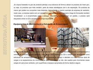 Já o layout baseado no giro de produtos planeja a sua estrutura de forma a deixar os produtos de maior giro,
ou seja, os produtos que mais vendem, perto de áreas estratégicas com a de separação. Os produtos de
menor giro podem se concentrar mais distantes. Aproveitando o mesmo exemplo da empresa de vestuário,
neste caso, a empresa opera com um estoque de quinze dias aonde o vestuário chega do fornecedor também
“encabidado”, e é encaminhado para o estoque. Quando for solicitado por um pedido, o produto será
etiquetado ainda no CD e enviado para a loja requisitante.


Equipamentos de Movimentação e Estruturas de Armazenagem




Um Centro de Distribuição não sobrevive, se não houver organização e velocidade durante a armazenagem e
retirada de produtos de sua estrutura. Para atingir esse objetivo, os CD s contam com ferramentas como
estruturas de armazenagem que facilitam o uso racional do espaço e atendem os mais diversos tipos de
cargas e os equipamentos de movimentação que, motorizados ou não, são usados para movimentar essas
cargas em percursos variáveis, com superfícies e espaços apropriados de forma rápida e segura.
 