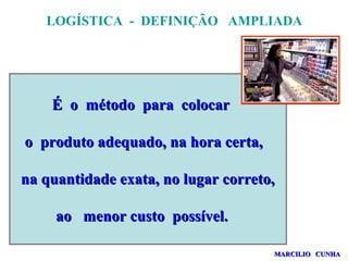 LOGÍSTICA - DEFINIÇÃO AMPLIADA
É o método para colocarÉ o método para colocar
o produto adequado, na hora certa,o produto adequado, na hora certa,
na quantidade exata, no lugar correto,na quantidade exata, no lugar correto,
ao menor custo possível.ao menor custo possível.
MARCILIO CUNHAMARCILIO CUNHA
 