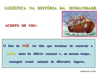 LOGÍSTICA NA HISTÓRIA DA HUMANIDADELOGÍSTICA NA HISTÓRIA DA HUMANIDADE
ACERTO DE USO :ACERTO DE USO :
O fato deO fato de NOÉNOÉ ter tido que terminar de construir ater tido que terminar de construir a
ARCAARCA antes do dilúvio começar e , ao mesmo tempo ,antes do dilúvio começar e , ao mesmo tempo ,
conseguir reunir animais de diferentes lugares.conseguir reunir animais de diferentes lugares.
MARCILIO CUNHA
 