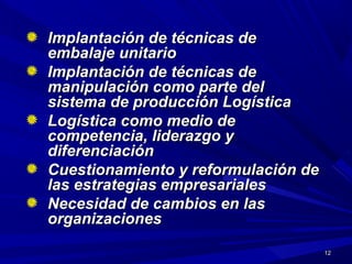 1212
Implantación de técnicas deImplantación de técnicas de
embalaje unitarioembalaje unitario
Implantación de técnicas deImplantación de técnicas de
manipulación como parte delmanipulación como parte del
sistema de producción Logísticasistema de producción Logística
Logística como medio deLogística como medio de
competencia, liderazgo ycompetencia, liderazgo y
diferenciacióndiferenciación
Cuestionamiento y reformulación deCuestionamiento y reformulación de
las estrategias empresarialeslas estrategias empresariales
Necesidad de cambios en lasNecesidad de cambios en las
organizacionesorganizaciones
 