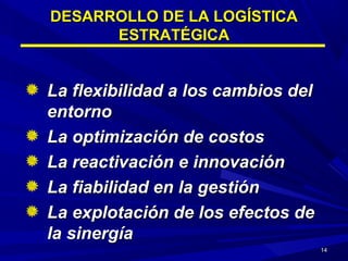 1414
DESARROLLO DE LA LOGÍSTICADESARROLLO DE LA LOGÍSTICA
ESTRATÉGICAESTRATÉGICA
La flexibilidad a los cambios delLa flexibilidad a los cambios del
entornoentorno
La optimización de costosLa optimización de costos
La reactivación e innovaciónLa reactivación e innovación
La fiabilidad en la gestiónLa fiabilidad en la gestión
La explotación de los efectos deLa explotación de los efectos de
la sinergíala sinergía
 
