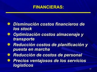 1717
FINANCIERAS:FINANCIERAS:
Disminución costos financieros deDisminución costos financieros de
los stocklos stock
Optimización costos almacenaje yOptimización costos almacenaje y
transportetransporte
Reducción costos de planificación yReducción costos de planificación y
puesta en marchapuesta en marcha
Reducción de costos de personalReducción de costos de personal
Precios ventajosos de los serviciosPrecios ventajosos de los servicios
logísticoslogísticos
 