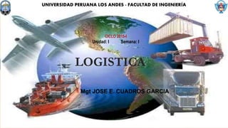 LOGISTICA
UNIVERSIDAD PERUANA LOS ANDES - FACULTAD DE INGENIERÍA
Mgt JOSE E. CUADROS GARCIA
CICLO 2015-I
Unidad: I Semana: I
 