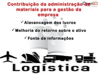 Contribuição da administração da 
materiais para a gestão da 
empresa 
Alavancagem dos lucros 
Melhoria do retorno sobre o ativo 
Fonte de informações 
 