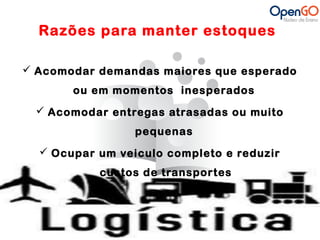 Razões para manter estoques 
 Acomodar demandas maiores que esperado 
ou em momentos inesperados 
 Acomodar entregas atrasadas ou muito 
pequenas 
 Ocupar um veiculo completo e reduzir 
custos de transportes 
 