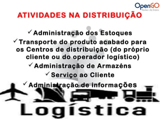 ATIVIDADES NA DISTRIBUIÇÃO 
Administração dos Estoques 
Transporte do produto acabado para 
os Centros de distribuição (do próprio 
cliente ou do operador logístico) 
Administração de Armazéns 
Serviço ao Cliente 
Administração de informações 
