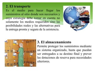 2. El transporte
Es el medio para hacer llegar los
suministros al sitio donde son necesarios y
cuya estrategia debe tomar en cuenta no
solamente los medios requeridos sino las
posibilidades reales y las alternativas para
la entrega pronta y segura de la asistencia.

3. El almacenamiento
Permite proteger los suministros mediante
un sistema organizado, hasta que puedan
ser entregados a su destino final y prever
las dotaciones de reserva para necesidades
ulteriores.

 