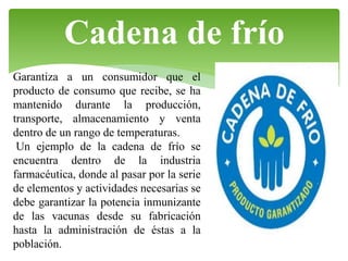 Cadena de frío
Garantiza a un consumidor que el
producto de consumo que recibe, se ha
mantenido durante la producción,
transporte, almacenamiento y venta
dentro de un rango de temperaturas.
Un ejemplo de la cadena de frío se
encuentra dentro de la industria
farmacéutica, donde al pasar por la serie
de elementos y actividades necesarias se
debe garantizar la potencia inmunizante
de las vacunas desde su fabricación
hasta la administración de éstas a la
población.

 