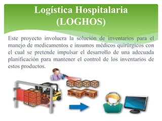 Logística Hospitalaria
(LOGHOS)
Este proyecto involucra la solución de inventarios para el
manejo de medicamentos e insumos médicos quirúrgicos con
el cual se pretende impulsar el desarrollo de una adecuada
planificación para mantener el control de los inventarios de
estos productos.

 