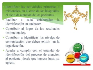  Identificar las actividades primarias o
misionales, en el caso de los hospitales,
el ciclo de atención de los pacientes.
 Facilitar a cada colaborador la
identificación su quehacer.
 Contribuir al logro de los resultados
institucionales.
 Contribuir a identificar los niveles de
comunicación que deben existir en la
organización.
 Ayudar a cumplir con el estándar de
identificación del proceso de atención
al paciente, desde que ingresa hasta su
egreso.

 
