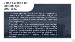 Como ela pode ser
aplicada nas
empresas?
╸ O primeiro aspecto da aplicação da logística integrada é a
comunicação. Para promover uma verdadeira integração e
alcançar os benefícios provenientes dela, é necessário
manter um fluxo contínuo, claro e objetivo das informações
sobre os processos.
╸ É por meio dele que as áreas conseguem tomar decisões
mais acertadas com agilidade. Um bom exemplo disso é
quando o setor de compras acompanha os níveis de
estoque e sabe exatamente quando acionar o fornecedor,
adquirindo as quantidades adequadas dos produtos — o
suficiente para atender a demanda, evitando faltas e
excessos.
14
 