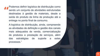 “
Podemos definir logística de distribuição como
sendo um conjunto de atividades estruturadas
destinadas à gestão de materiais, desde a
saída do produto da linha de produção até a
entrega no ponto final de consumo.
A logística de distribuição, ainda, compreende
as atividades de definição e gestão dos canais
mais adequados de venda, comercialização
de produtos e prestação de serviços, além
das estratégias de suporte a estes
processos.”
20
 