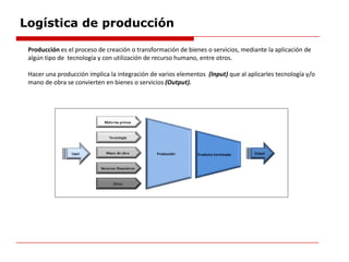 Logística de producción
Producción es el proceso de creación o transformación de bienes o servicios, mediante la aplicación de
algún tipo de tecnología y con utilización de recurso humano, entre otros.
Hacer una producción implica la integración de varios elementos (Input) que al aplicarles tecnología y/o
mano de obra se convierten en bienes o servicios (Output).
 