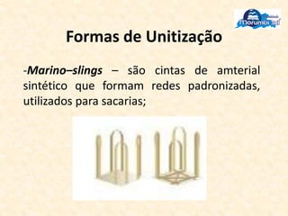 Formas de Unitização
-Marino–slings – são cintas de amterial
sintético que formam redes padronizadas,
utilizados para sacarias;
 