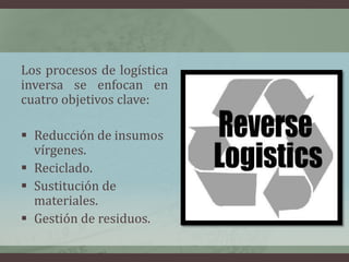Los procesos de logística
inversa se enfocan en
cuatro objetivos clave:
 Reducción de insumos
vírgenes.
 Reciclado.
 Sustitución de
materiales.
 Gestión de residuos.
 