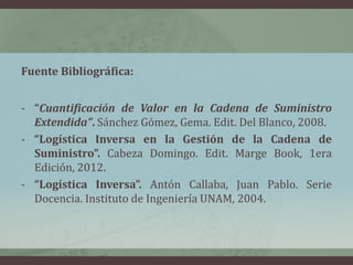 Fuente Bibliográfica:
- “Cuantificación de Valor en la Cadena de Suministro
Extendida”. Sánchez Gómez, Gema. Edit. Del Blanco, 2008.
- “Logística Inversa en la Gestión de la Cadena de
Suministro”. Cabeza Domingo. Edit. Marge Book, 1era
Edición, 2012.
- “Logística Inversa”. Antón Callaba, Juan Pablo. Serie
Docencia. Instituto de Ingeniería UNAM, 2004.
 