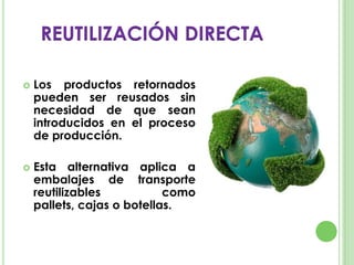  Los productos retornados
pueden ser reusados sin
necesidad de que sean
introducidos en el proceso
de producción.
 Esta alternativa aplica a
embalajes de transporte
reutilizables como
pallets, cajas o botellas.
REUTILIZACIÓN DIRECTA
 