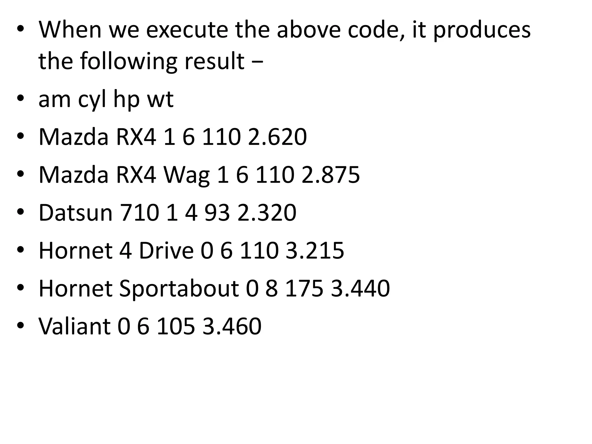 • When we execute the above code, it produces
the following result −
• am cyl hp wt
• Mazda RX4 1 6 110 2.620
• Mazda RX4 Wag 1 6 110 2.875
• Datsun 710 1 4 93 2.320
• Hornet 4 Drive 0 6 110 3.215
• Hornet Sportabout 0 8 175 3.440
• Valiant 0 6 105 3.460
 