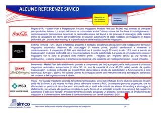 ALCUNE REFERENZE SIMCO
                                                                                  g
                                                                              Magazzini ad
                                                                                               Magazzini
                                                                              alto contenuto
                                                                                               complessi
                                                                              di automazioe



    Nogara (VR) - Master Plan e Progetto per il nuovo magazzino Prodotti Finiti (ca. 46.000 mq) annesso al principale
    polo produttivo italiano Lo scopo del lavoro ha comportato anche l’ottimizzazione dei fine linea di imbottigliamento /
                     italiano.                                              l ottimizzazione
    confezionamento (simulazione dinamica), la razionalizzazione del layout e dei processi di stoccaggio delle materie
    prime, la valutazione del ritorno dell’investimento di soluzioni automatiche (è stato realizzato un magazzino in doppia
    profondità per i prodotti slow moving) e la pianificazione della realizzazione del magazzino.

    Settimo Torinese (TO) - Studio di fattibilità, progetto di dettaglio, assistenza all’acquisto e alla realizzazione del nuovo
    magazzino automatico destinato allo stoccaggio di materie prime, prodotti semilavorati e materiale di
    confezionamento. Il magazzino (3.700 vani distribuiti su 6 corridoi lunghi 70 metri) è alto 12,5 metri e servito da
    trasloelevatori in doppia profondità per la movimentazione di unità pallettizzate. La testata di convogliamento unisce il
    magazzino con la zona di pesatura delle materie prime – integrata con l’impianto servita da una navetta di
       g                           p                           p             g              p
    distribuzione – e con le postazioni di interfaccia col sistema LGV esistente per il collegamento con i reparti produttivi.

    Benevento - Master Plan dello stabilimento (portato a compimento per fasi) e progetto per la realizzazione di un nuovo
    magazzino automatico autoportante (h oltre 30 mt. con la capacità di circa 40.000 pallet) servito da quattro
    trasloelevatori in doppia profondità per prodotti finiti alimentazione diretta dai pallettizzatori e funzionamento a ciclo
                                                       finiti,
    continuo (3 turni per 7 giorni). Per questo Cliente ha sviluppato anche altri interventi nell’area dei trasporti, dell’analisi
    dei processi e dell’organizzazione di ribalta.

    Pavia - Per questa importante azienda del settore farmaceutico, sono stati effettuati diversi studi nel corso dei 30 anni
    della it
    d ll vita di Si
                 Simco. Il più recente h visto Si
                            iù       t ha i t Simco affrontare i i
                                                        ff t     insieme a MSD un completo percorso progettuale, che h
                                                                                             l t                 tt l   h ha
    abbracciato un periodo di circa due anni: si è partiti da un audit sulle criticità dei sistemi di handling e stoccaggio di
    stabilimento, per arrivare alla gestione completa da parte Simco di un articolato progetto di revamping del magazzino
    automatico e delle sue “testate”. Precedentemente era stato sviluppato un progetto, poi realizzato, di ampliamento dei
    magazzini e di alimentazione delle linee di confezionamento con carrelli automatici LGV.
       g




       Descrizione delle attività relative alla progettazione dei magazzini                                30
 