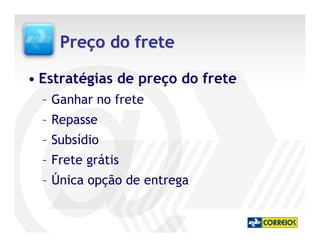 Preço do frete

• Estratégias de preço do frete
  – Ganhar no frete
  – Repasse
  – Subsídio
  – Frete grátis
  – Única opção de entrega
 