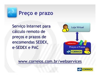 Preço e prazo

Serviço Internet para          Loja Virtual

cálculo remoto de
preços e prazos de
encomendas SEDEX,




                                            t

                                                site
                                        po s
                           webservice


e-SEDEX e PAC                Preços e Prazos




   www.correios.com.br/webservices
 