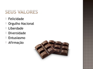    Felicidade
   Orgulho Nacional
   Liberdade
   Diversidade
   Entusiasmo
   Afirmação
 