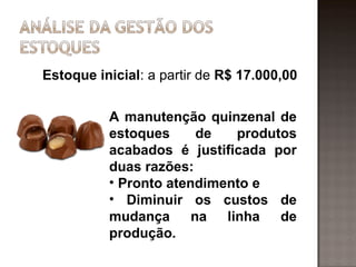 Estoque inicial: a partir de R$ 17.000,00


          A manutenção quinzenal de
          estoques      de   produtos
          acabados é justificada por
          duas razões:
          • Pronto atendimento e
          • Diminuir os custos de
          mudança      na  linha   de
          produção.
 