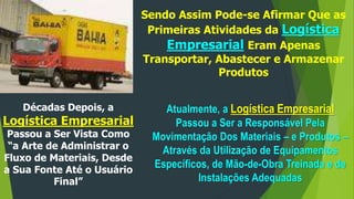Sendo Assim Pode-se Afirmar Que as
Primeiras Atividades da Logística
Empresarial Eram Apenas
Transportar, Abastecer e Armazenar
Produtos
Décadas Depois, a
Logística Empresarial
Passou a Ser Vista Como
“a Arte de Administrar o
Fluxo de Materiais, Desde
a Sua Fonte Até o Usuário
Final”
Atualmente, a Logística Empresarial
Passou a Ser a Responsável Pela
Movimentação Dos Materiais – e Produtos –
Através da Utilização de Equipamentos
Específicos, de Mão-de-Obra Treinada e de
Instalações Adequadas
 