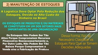 2) MANUTENÇÃO DE ESTOQUES
A Logística Deve Optar Pela Redução dos
Estoques, Devido ao Alto Custo do
Dinheiro no Brasil
OS ESTOQUES DE PRODUTOS E/OU MATERIAIS
SE CONSTITUEM EM UM DOS SETORES MAIS
IMPORTANTES DE UMA ORGANIZAÇÃO
Os Estoques Não Podem Ser Tão
Altos Porque Comprometem Recursos
Financeiros Desnecessariamente e,
Por Outro Lado, Não Podem Ser Tão
Baixos Porque Comprometem a
Venda e/ou a Fabricação de Produtos
Dessa Forma, Faz-se
Necessário Classificar os
Estoques Para Que se Tomem
Decisões Adequadas
 