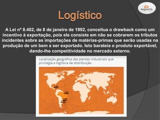 A Lei nº 8.402, de 8 de janeiro de 1992, conceitua o drawback como um
incentivo à exportação, pois ele consiste em não se cobrarem os tributos
incidentes sobre as importações de matérias-primas que serão usadas na
 produção de um bem a ser exportado. Isto barateia o produto exportável,
              dando-lhe competitividade no mercado externo.
 