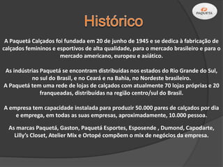 A Paquetá Calçados foi fundada em 20 de junho de 1945 e se dedica à fabricação de
calçados femininos e esportivos de alta qualidade, para o mercado brasileiro e para o
                      mercado americano, europeu e asiático.

As indústrias Paquetá se encontram distribuídas nos estados do Rio Grande do Sul,
          no sul do Brasil, e no Ceará e na Bahia, no Nordeste brasileiro.
A Paquetá tem uma rede de lojas de calçados com atualmente 70 lojas próprias e 20
              franqueadas, distribuídas na região centro/sul do Brasil.

A empresa tem capacidade instalada para produzir 50.000 pares de calçados por dia
    e emprega, em todas as suas empresas, aproximadamente, 10.000 pessoa.

  As marcas Paquetá, Gaston, Paquetá Esportes, Esposende , Dumond, Capodarte,
    Lilly’s Closet, Atelier Mix e Ortopé compõem o mix de negócios da empresa.
 