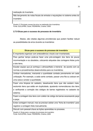 30
realização do Inventario
Não lançamento de notas fiscais de entrada e requisições no sistema antes do
inventário
Quadro 3: Principais causas de erros na realização dos inventários
Fonte: SUCUPIRA, Cezar; PEDREIRA, Cristina. 2009
2.7.9 Dicas para o sucesso do processo de inventário
Abaixo, são citadas algumas providencias que podem facilitar reduzir
as possibilidades de erros durante os inventários:
Dicas para o sucesso do processo de inventário
É importante organizar com antecedência o local a ser inventariado;
Para ganhar tempo pode-se fazer uma pré-contagem dos itens de pouca
movimentação e os obsoletos, colocando etiquetas das contagens feitas junto
a tais itens;
Escalar equipe que já conheça o almoxarifado e treiná-la de acordo com as
normas e procedimentos desenvolvidos para os inventários;
Unitizar mercadorias, marcando a quantidade contada previamente em cada
unitização. Por exemplo, a cada cento contado, passar uma fita ou colocar em
uma caixa e anotar a quantidade;
Fazer uma limpeza do cadastro, desativando itens que não existem mais,
excluindo itens que estão em duplicidade, ajustando nomenclaturas dos itens
e verificando a correção dos códigos de barras registrados no cadastro do
sistema;
Fazer a contagem dos itens com coletor de código de barras escaneando peça
a peça;
Evitar contagem manual, mas se precisar adotar uma “ficha de inventário” para
registrar a contagem feita manualmente;
Discutir com pessoal chave as lições aprendidas no processo.
Quadro 4: Dicas para o sucesso do processo de inventário
Fonte: SUCUPIRA, Cezar; PEDREIRA, Cristina; 2009
 