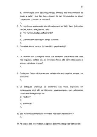 54
e-) Identificação a ser deixada junto (ou afixada) aos itens contados de
modo a evitar que tais itens deixem de ser computados ou sejam
computados por mais de uma vez?
R.
5. Os registros e dados originais utilizados no inventário físico (etiquetas,
cartões, folhas, relações etc.) são:
a-) Pré- numerados tipograficamente?
R.
b-) Mantidos em arquivo por tempo razoável?
R.
6. Quando é feita a tomada de inventário (geralmente)?
R.
7. Os resumos das contagens físicas dos estoques, preparados com base
nas etiquetas, cartões etc., de inventário físico, são conferidos quanto a
somas, cálculos e preços?
R.
8. Contagens físicas cíclicas ou por rodízios são empregadas sempre que
praticável?
R.
9. Os estoques (inclusive os existentes nas filiais, depósitos em
consignação etc.) são devidamente salvaguardados com adequadas
coberturas de segurança de:
a-) Roubos?
R.
b-) Incêndios?
R.
10.São mantidos extintores de incêndios nos locais necessários?
R.:
11.As cargas são renovadas nas épocas determinadas pelos fabricantes?
 