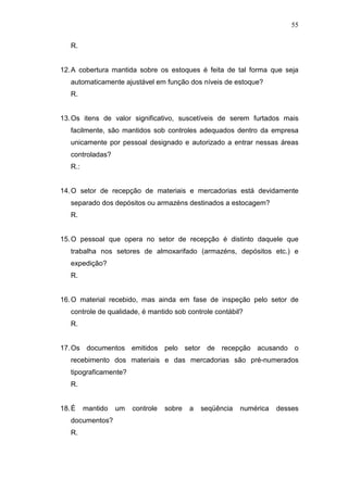 55
R.
12.A cobertura mantida sobre os estoques é feita de tal forma que seja
automaticamente ajustável em função dos níveis de estoque?
R.
13.Os itens de valor significativo, suscetíveis de serem furtados mais
facilmente, são mantidos sob controles adequados dentro da empresa
unicamente por pessoal designado e autorizado a entrar nessas áreas
controladas?
R.:
14.O setor de recepção de materiais e mercadorias está devidamente
separado dos depósitos ou armazéns destinados a estocagem?
R.
15.O pessoal que opera no setor de recepção é distinto daquele que
trabalha nos setores de almoxarifado (armazéns, depósitos etc.) e
expedição?
R.
16.O material recebido, mas ainda em fase de inspeção pelo setor de
controle de qualidade, é mantido sob controle contábil?
R.
17.Os documentos emitidos pelo setor de recepção acusando o
recebimento dos materiais e das mercadorias são pré-numerados
tipograficamente?
R.
18.É mantido um controle sobre a seqüência numérica desses
documentos?
R.
 
