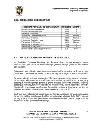 Superintendencia de Puertos y Transporte
                                                                                             República de Colombia




9.3.3. INDICADORES DE DESEMPEÑO


           SOCIEDAD PORTUARIA DE BUENAVENTURA                                 PROMEDIO UNIDAD
         Aprovechamiento de Bodegas                                             45,00     %
         Aprovechamiento de Patios                                              68,00     %
         Eficiencia Operacional                                                 60,00     %
         Número de Contenedores / hora                                          22,22   Numero
         Número de Reclamos                                                     92,00   Numero
         Número de Toneladas / hora                                             132,04 Toneladas
         Percepción de Eficiencia                                               68,00   Numero
         Percepción de Infraestructura                                          75,00     %
         Percepción de Seguridad                                                75,00     %
         Tiempo Fondeo promedio por motonave                                     3,56    Horas




9.4.   SOCIEDAD PORTUARIA REGIONAL DE TUMACO S.A.

La Sociedad Portuaria Regional de Tumaco S.A., es un pequeño puerto
multipropósito, por donde se movilizan carga general, y carga granel líquido (aceites
comestibles).

Este puerto está ubicado en el departamento de Nariño, municipio de Tumaco costa
pacífica de colombiana, en limites con el Ecuador y es el segundo puerto del pacifico.

En esta sociedad portuaria laboran tres (3) operadores portuarios, pero en el manejo
de la carga solamente un operador portuario realizando actividades de cargue y
descargue marítimo (carga general y granel líquido), transporte terrestre, cargue y
descargue terrestre, llenado y vaciado de contenedores, estiba, desestiba, trincado,
destrincado, inspección, clasificación. En pilotaje, amarre y desamarre, servicio de
lancha y remolcadores labora otro operador portuario del puerto.

Dentro de sus instalaciones, como todas las demás sociedades portuarias regionales
de servicio público cuenta con el edifico administrativo, oficinas de la DIAN, oficinas
de seguridad y oficina de operaciones, basculas de pesajes para la carga, zona de
inspección y zona paletizado de la carga.




                  SUPERINTENDENCIA DE PUERTOS Y TRANSPORTE:                                                     64
                GARANTES DEL TRANSPORTE, PARA EL PROGRESO DEL PAIS
          Calle 13 No. 18-24. “Estación de La Sabana” – PBX: 3526700 – Bogotá D.C. www.supertransporte.gov.co
                                        Línea Atención al Ciudadano 01 8000 915615
 