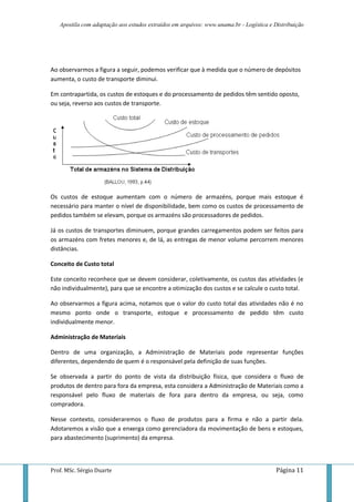 Apostila com adaptação aos estudos extraídos em arquivos: www.unama.br - Logística e Distribuição




Ao observarmos a figura a seguir, podemos verificar que à medida que o número de depósitos
aumenta, o custo de transporte diminui.

Em contrapartida, os custos de estoques e do processamento de pedidos têm sentido oposto,
ou seja, reverso aos custos de transporte.




Os custos de estoque aumentam com o número de armazéns, porque mais estoque é
necessário para manter o nível de disponibilidade, bem como os custos de processamento de
pedidos também se elevam, porque os armazéns são processadores de pedidos.

Já os custos de transportes diminuem, porque grandes carregamentos podem ser feitos para
os armazéns com fretes menores e, de lá, as entregas de menor volume percorrem menores
distâncias.

Conceito de Custo total

Este conceito reconhece que se devem considerar, coletivamente, os custos das atividades (e
não individualmente), para que se encontre a otimização dos custos e se calcule o custo total.

Ao observarmos a figura acima, notamos que o valor do custo total das atividades não é no
mesmo ponto onde o transporte, estoque e processamento de pedido têm custo
individualmente menor.

Administração de Materiais

Dentro de uma organização, a Administração de Materiais pode representar funções
diferentes, dependendo de quem é o responsável pela definição de suas funções.

Se observada a partir do ponto de vista da distribuição física, que considera o fluxo de
produtos de dentro para fora da empresa, esta considera a Administração de Materiais como a
responsável pelo fluxo de materiais de fora para dentro da empresa, ou seja, como
compradora.

Nesse contexto, consideraremos o fluxo de produtos para a firma e não a partir dela.
Adotaremos a visão que a enxerga como gerenciadora da movimentação de bens e estoques,
para abastecimento (suprimento) da empresa.



Prof. MSc. Sérgio Duarte                                                                 Página 11
 